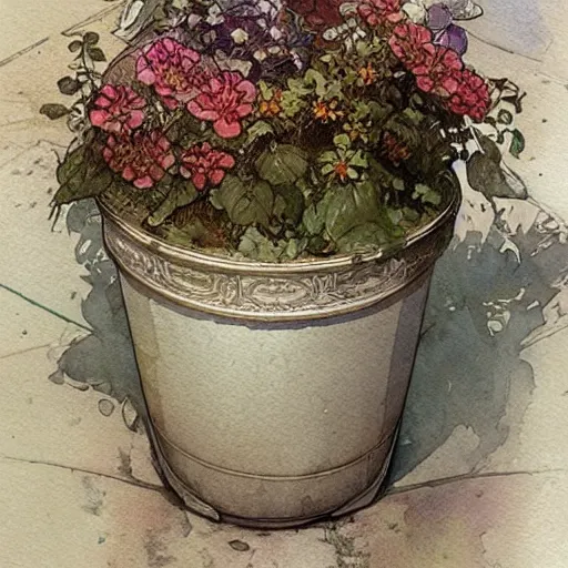 Prompt: a beautifull intricate watercolor painting of potted planter with flowers inside sitting on wet sidewalk, reflexions, high details by william turner art, greg rutkowski and alphonse mucha, trending on artstation, very very detailed, masterpiece,