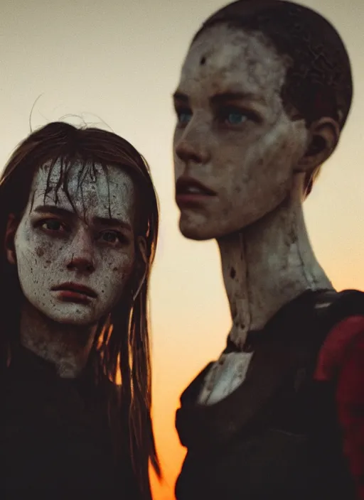 Image similar to cinestill 5 0 d photographic portrait of two loving female androids wearing rugged black techwear on a desolate plain with a red sky, extreme closeup, cyberpunk style, dust storm, 8 k, hd, high resolution, 3 5 mm, f / 3 2, ultra realistic faces, ex machina