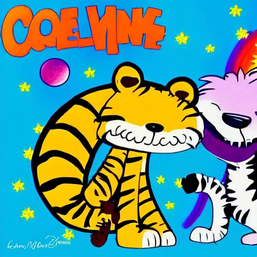 Prompt: calvin and hobbes, lisa frank style