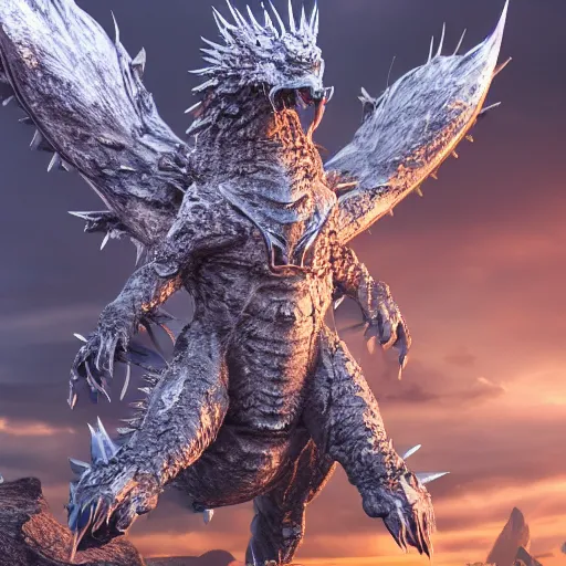 Image similar to evil spiky silver bubble screaming eagle kaiju, cinematic, epic scale, hyper detailed, photorealistic, rule of thirds, 8 k.