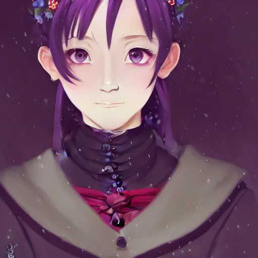 Image similar to wearing full clothing in full clothing victorian dress, beautiful anime woman, purple hair, red eyes, weapon, steampunk, symmetrical face, symmetrical eyes, full round face, short smile, detailed, winter setting, cinematic lighting, medium shot, mid - shot, makoto shinkai, artgerm, ilya kuvshinov, loish