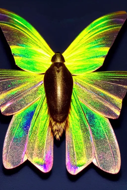 Image similar to high quality close-up photo gothic iridescent moth! jewelled gorgeous! highly detailed david ligare elson peter cinematic yellow neon lighting high quality low angle hd 8k sharp shallow depth of field