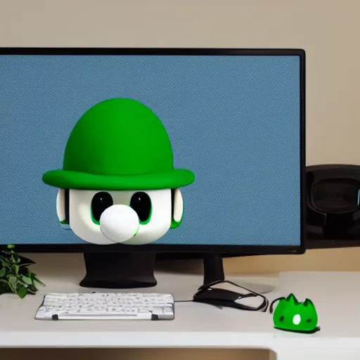 Image similar to tux penguin wearing the luigi hat in front of a computer with linux running on the screen, cute digital art, 4 k