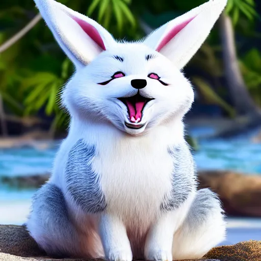 Image similar to a photorealistic adorable zany alluring chubby charming but vicious fennic fox wolf rabbit hybrid, with long floppy rabbit ears, wearing a bow on the top of its head, grinning at the camera with a mischievous look, sharp teeth, happy lighting, at a tropical beach