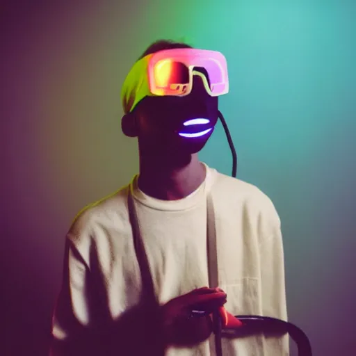 Image similar to kodak portra 4 0 0 photograph of a skinny goth nerd sitting in front of computer screen with face lit up, wearing goggles, moody lighting, telephoto, 9 0 s vibe, blurry background, vaporwave colors, faded!,