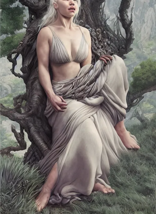 Image similar to Emilia Clarke as Daenerys Targaryen taking a rest under tree after an long adventure, a ruggedly muscled handsome heroine, intricate, elegant, highly detailed, centered, digital painting, artstation, concept art, smooth, sharp focus, illustration, artgerm, donato giancola, Joseph Christian Leyendecker, WLOP, Artgerm, thunder storm