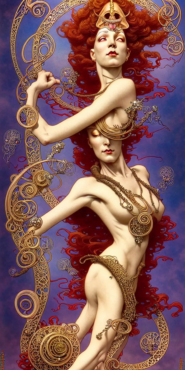 Image similar to beautiful matahari art nouveau fantasy character portrait, ultra realistic, intricate details, the fifth element artifacts, highly detailed by peter mohrbacher, hajime sorayama, wayne barlowe, boris vallejo, aaron horkey, gaston bussiere, craig mullins alphonse mucha, art nouveau curves swirls and spirals, flowers pearls beads crystals jewelry goldchains scattered