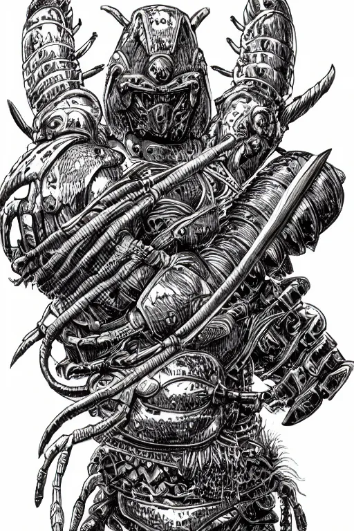 Image similar to human warrior, lobster themed armour, hermit crab, symmetrical, highly detailed, digital art, needles, sharp focus, trending on art station, kentaro miura manga art style