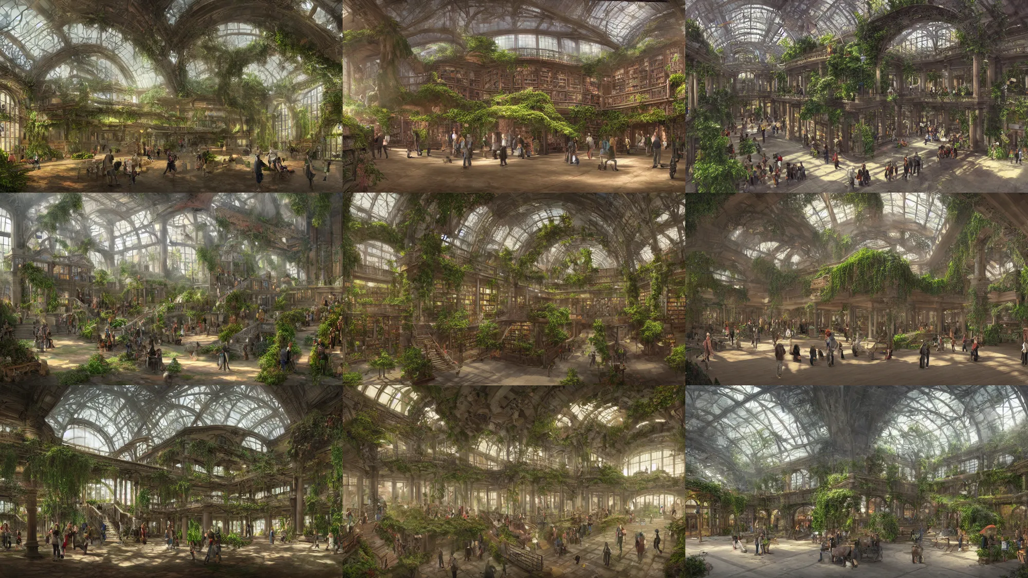 Prompt: Matte painting of the interior view of giant botanical museum. train station magictech. Library with students. Fantastical, detailed digital art trending in artstation