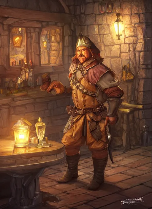 Prompt: tavern keeper in a tavern, ultra detailed fantasy, dndbeyond, bright, colourful, realistic, dnd character portrait, full body, pathfinder, pinterest, art by ralph horsley, dnd, rpg, lotr game design fanart by concept art, behance hd, artstation, deviantart, hdr render in unreal engine 5