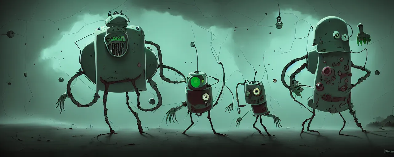Prompt: wild alchemist plankton mutants from the depths of a wasteland deep in the imaginal realm, dramatic lighting, surreal fleischer cartoon characters, shallow dof, surreal painting by ronny khalil