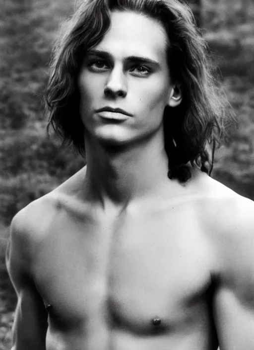 Image similar to a very skinny young Tarzan close-up portrait of young white male, with long straight slicked back brown hair shoulder length