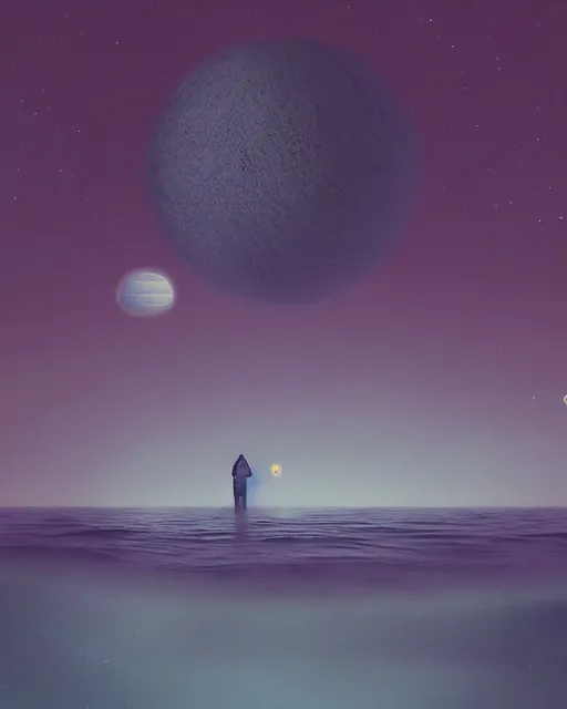 Image similar to a person wearing a white cloak standing in the water. a large planet is overhead. an album cover by stanley twardowicz, trending on cg society, retrofuturism, retrowave, chillwave, synthwave