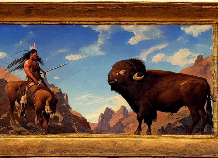 Image similar to native american riding bison, buffalo, native american warrior, mountain range, beautiful sky, standing on the edge of a cliff, 1 9 th century, painted by frazetta