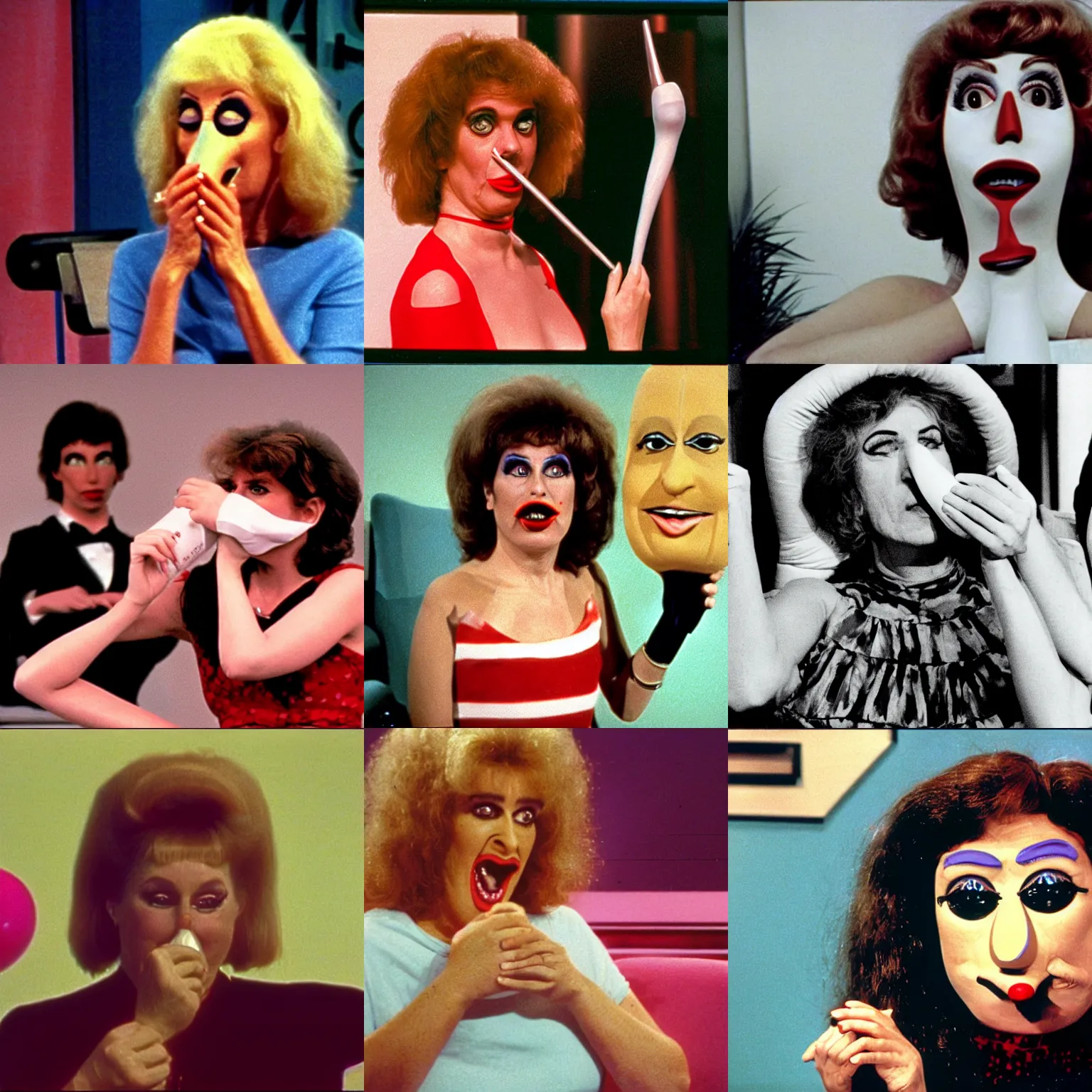 Image similar to 1983 crying woman on a talk show show with a long prosthetic snout nose, big nostrils, wearing a dress, 1983 French film color archival footage color film 16mm Fellini Almodovar John Waters Russ Meyer movie still