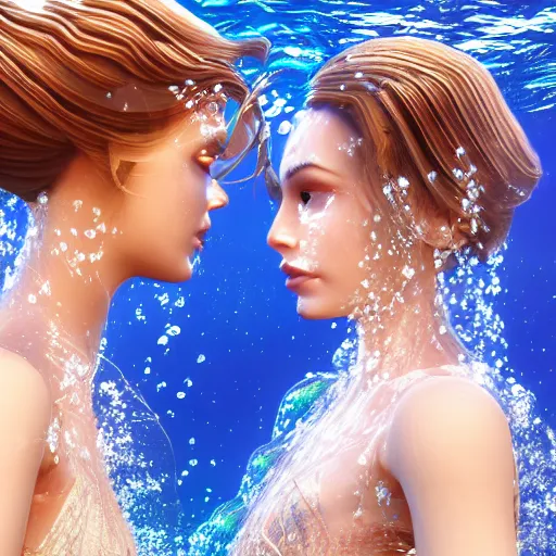 Image similar to two women under water holding hands, photo realistic, intricate details, flowing dresses and hair, volumetric lighting
