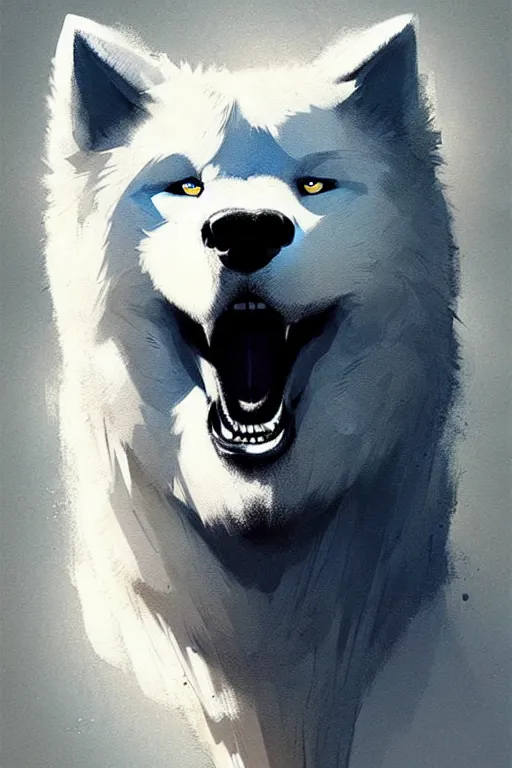 Image similar to greg rutkowski art poster, heroic samoyed. trending on artstation