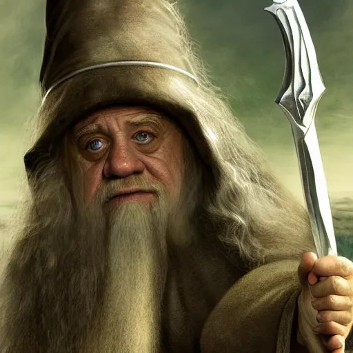 Image similar to ultra realistic illustration, danny devito as gandalf the white from lord of the rings movie, full body, high quality, highly detailed, wide angle, illustration, digital art, full color