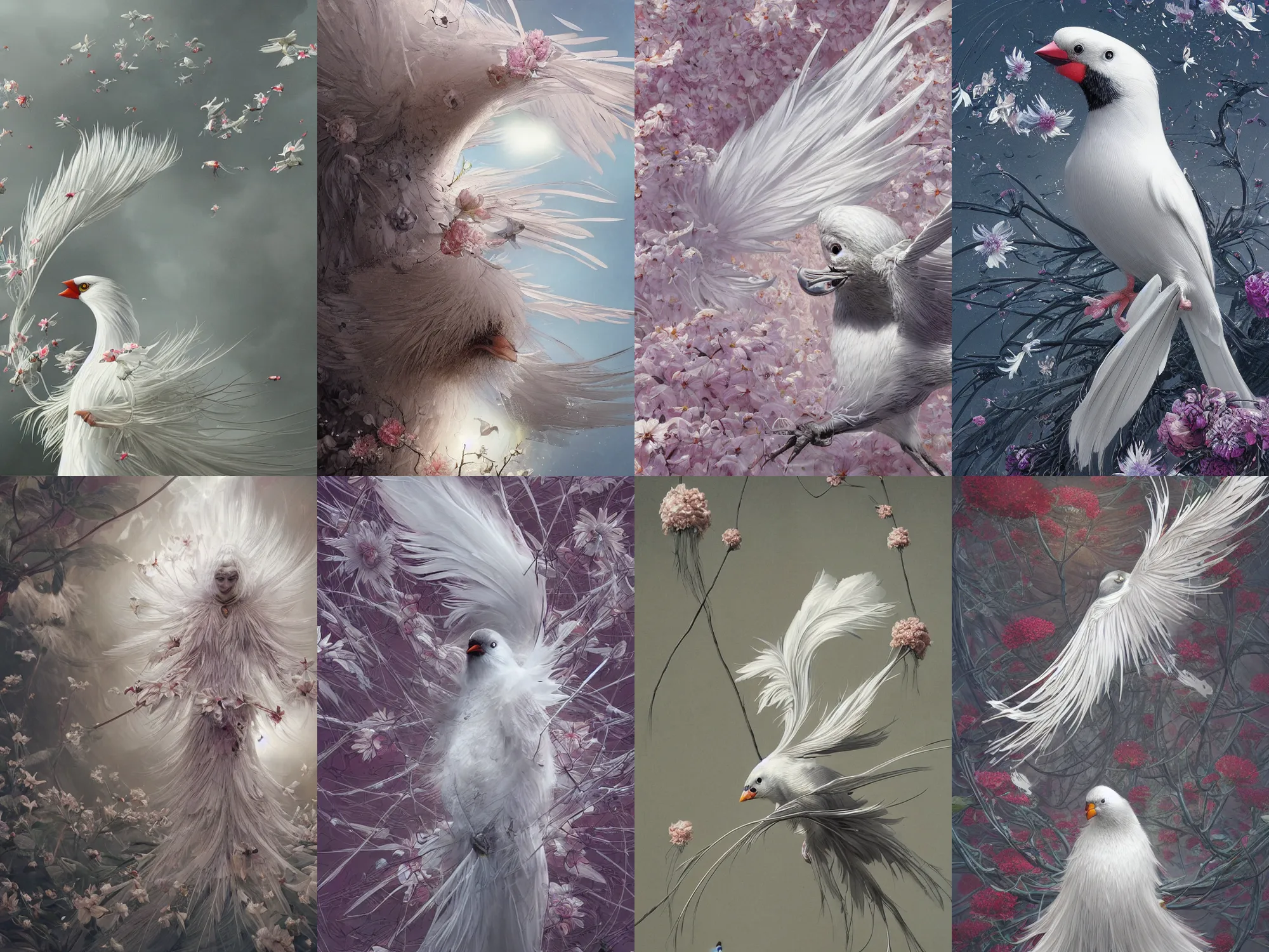Prompt: a white sparrow with long feathers and flowers in them, flower petals flying around in the background, art by James Jean and Wayne Barlowe, high detail, cinematic, cgsociety 8k