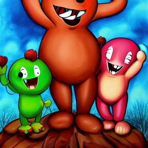 Image similar to Extremely muscular happy tree friends, high quality 8k hd, oil on canvas, hyperralistic art