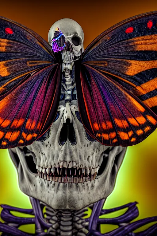 Image similar to a portrait of a skelton with moth wings, highly detailed, digital photo, hdri, by christopher bretz and john carpenter, vivid colors, high contrast, 8 k resolution, intricate, photorealistic, smooth, psychedelic color scheme, concept art, award winning, cg society contest winner