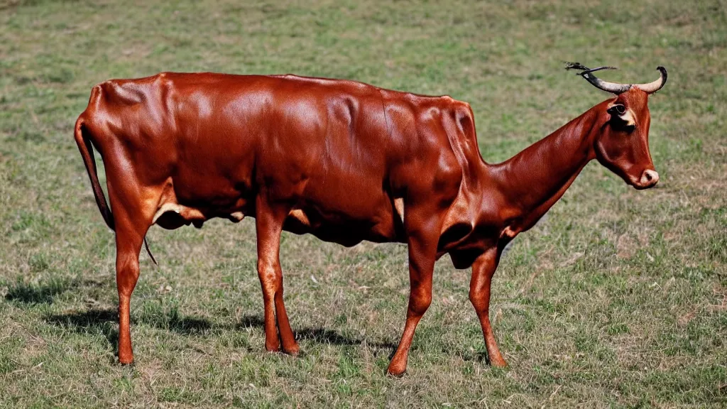 Prompt: a single cow that has legs like a centipede and is very long