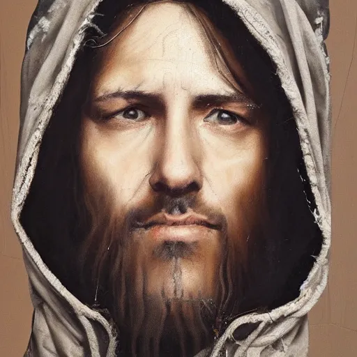 Image similar to a face portrait of modern - day jesus wearing hat and hoodie by nicola samori, hat and hoodie, detailed, oil painting, hyper - realistic, 8 k, yeezy collection