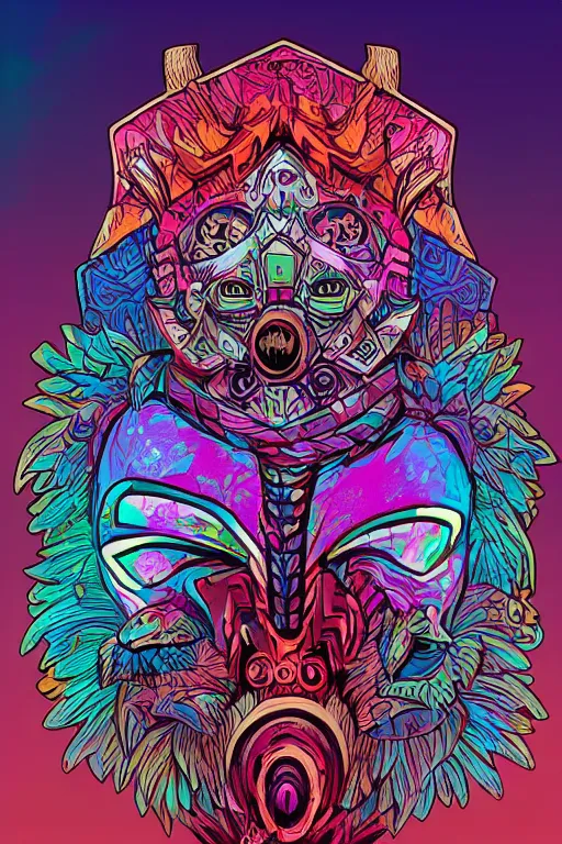 Image similar to animal mask totem roots flower tribal feather gemstone plant wood rock shaman vodoo video game vector cutout illustration vivid multicolor borderlands comics by josan gonzales and dan mumford radiating a glowing aura