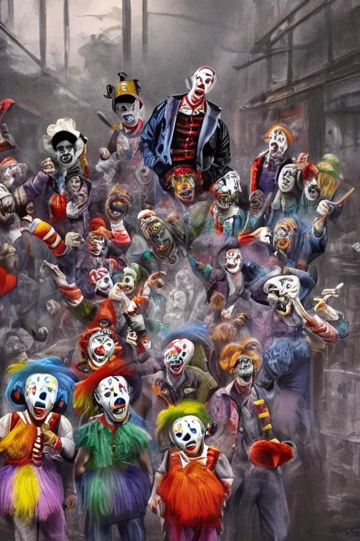 Image similar to a group of men dressed as clowns standing in front of a tv screen in a dark foggy alley, highly detailed, trending on artstation