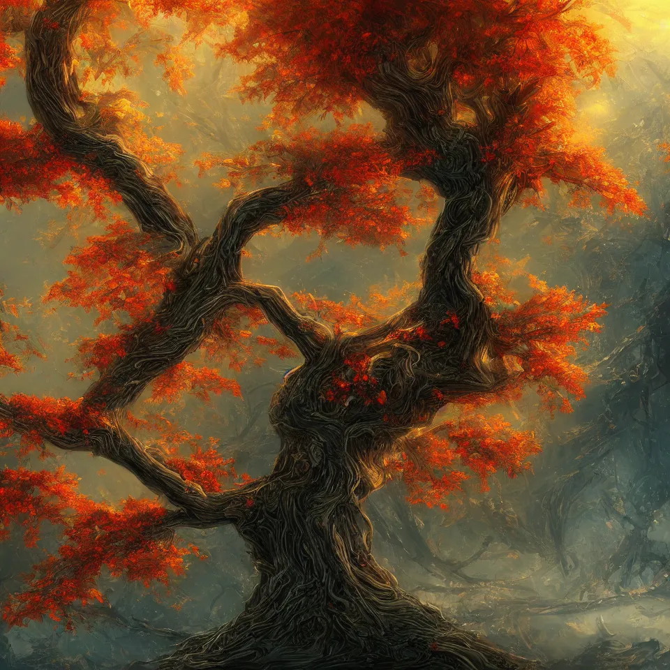 Image similar to tree,beautiful autumn, digital art, concept art, fantasy art, highly detailed, HD wallpaper, artstation, Deviantart, abeyance