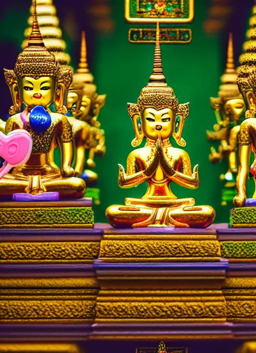 Image similar to emerald buddha temple designed by hello kitty, high lights, 4 k, high detailed photography, 5 0 mm lens, depth of field, cinematic