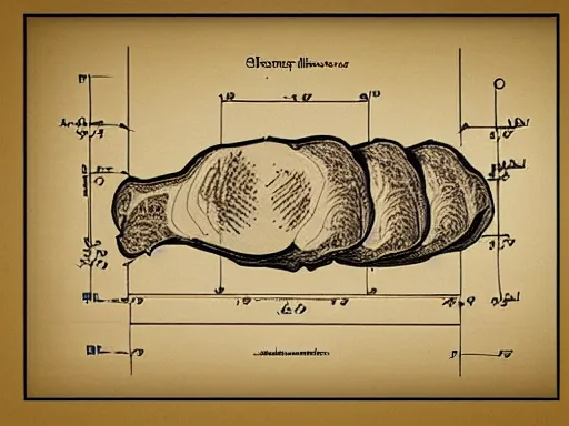 Image similar to blueprint technical drawing of a steak, schematic, sepia, old paper