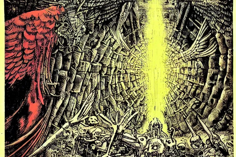 Prompt: fallen angel begs to enter the gates of hell by philippe druillet and moebius and hieronymus bosch