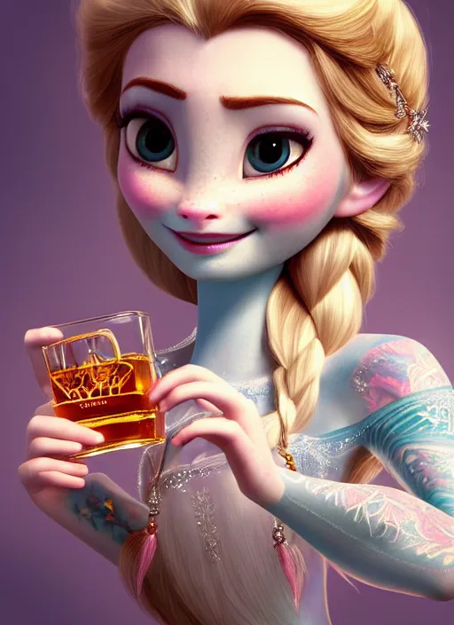 Image similar to highly detailed closeup portrait of tattooed princess elsa drinking whisky, unreal engine, nicoletta ceccoli, mark ryden, lostfish, earl norem, global illumination, god rays, detailed and intricate environment