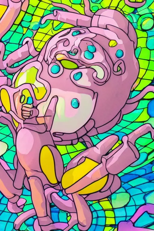 Image similar to a fat jelly super detailed anime character with fluo color detail, and muted arm colors, that looks like a insect, on top of a painting of plastic synthetic ionized metal flower sculptures