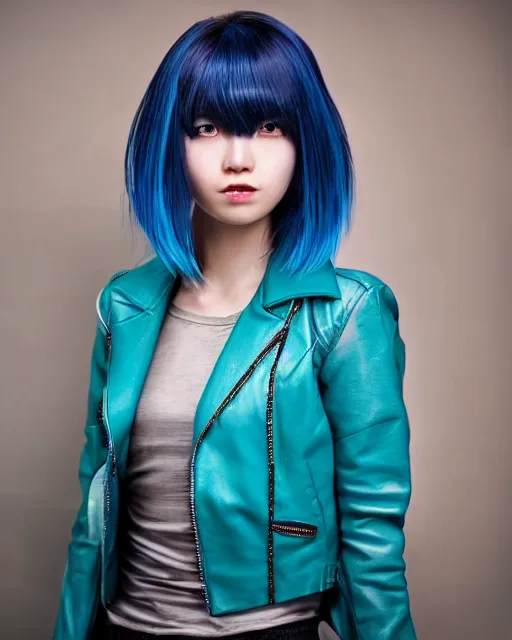 Prompt: Hyper realistic Portrait of a beautiful Japanese Cyberpunk girl, glowing teal hair bob haircut, bangs, Spiked blue leather jacket