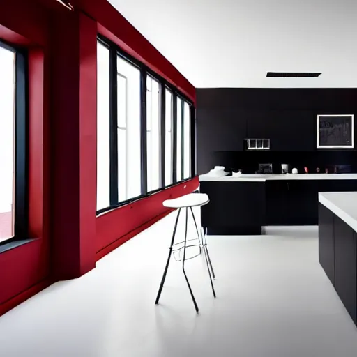 Image similar to photo of black, matte kitchen fronts surfaces and furniture, dark red walls at the back, white floor tiles on the ground, white ceiling, architecture, concept art