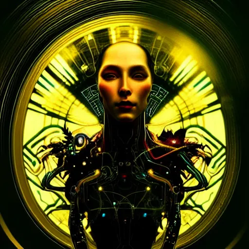 Image similar to extremely psychedelic beautiful cyborg virus infected by night. intricate, elegant, highly detailed, extremely lifelike photorealistic digital painting, artstation. steichen, gaston bussiere, tom bagshaw, cyberpunk alphonse mucha. elegant minimalism. anatomically correct. sharp focus. black and gold. surreal lush hallucination