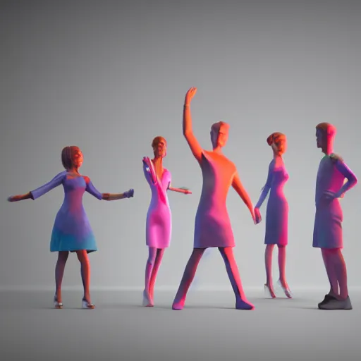 Prompt: high quality 3 d cycles render depicting abstract human characters dancing. playful, light colours, airbrushed. illustrative. pastel. refraction. volumetric lighting.