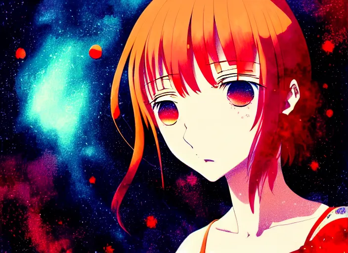 Prompt: anime portrait of a young girl floating inside a nebula, Karolis Strautniekas,omoide emanon, tsuruta kenji, murata range,kawaii, kyoto animation, manga, intricate, detailed, studio lighting, orange red black white, gradation,editorial illustration, matte print, Ilya Kuvshinov