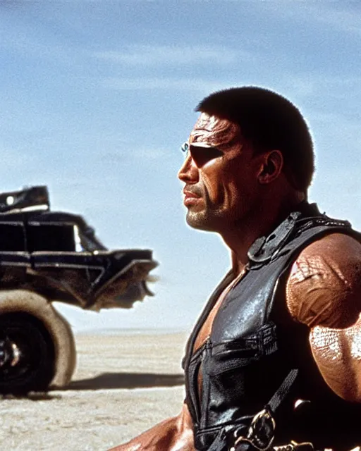 Image similar to film still close up shot of dwayne johnson in the movie mad max 2 the road warrior. photographic, photography