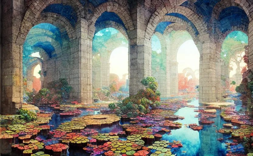 Image similar to tiled room squared waterway, aqueducts, fantasy. intricate, amazing composition, colorful watercolor, by ruan jia, by maxfield parrish, by marc simonetti, by hikari shimoda, by robert hubert, by zhang kechun, illustration, gloomy