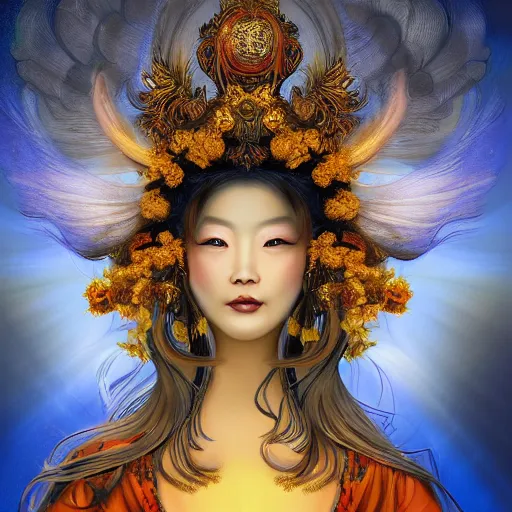 Prompt: Portrait of the Sunflower Goddess, a Chinese female deity that brings joy and light onto the world. Headshot, insanely nice professional hair style, dramatic hair color, digital painting, of a old 17th century, amber jewels, baroque, ornate clothing, scifi, realistic, hyperdetailed, chiaroscuro, concept art, art by Franz Hals and Jon Foster and Ayami Kojima and Amano and Karol Bak,