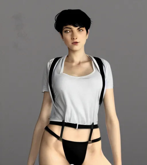 Image similar to lineart of a woman with black hair pixie cut in shorts with suspenders and white t-shirt drawn by anime, Alexandre Cabanel, norman rockwell, peter paul rubens, maler collier, frank frazetta, alphonse mucha, gustav klimt 4k, unreal 5, DAZ, french noveau, trending on artstation, octane render, hyperrealistic