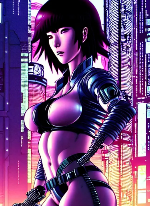 Image similar to motoko kusanagi in grungy cyberpunk megacity, intricate and finely detailed, cyberpunk vaporwave, portrait by j scott campbell, phil jimenez, ilya kuvshinov