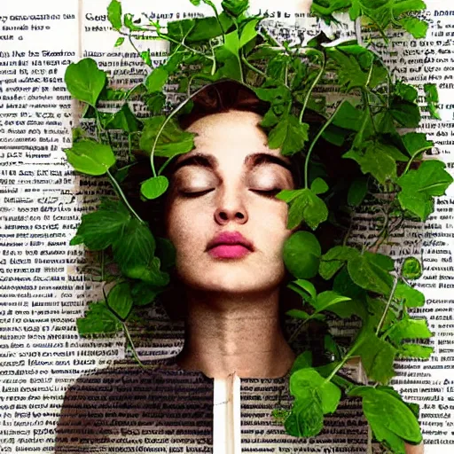 Image similar to “ very photorealistic photo of vines growing out of a woman ’ s book as she sleeps, award - winning details ”