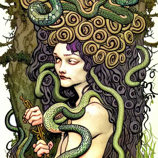 Prompt: A cute little medusa with snakes in your head collecting flowers in the forest. Absurdly-detailed fantasy character illustration by Rebecca Guay and Wayne Reynolds