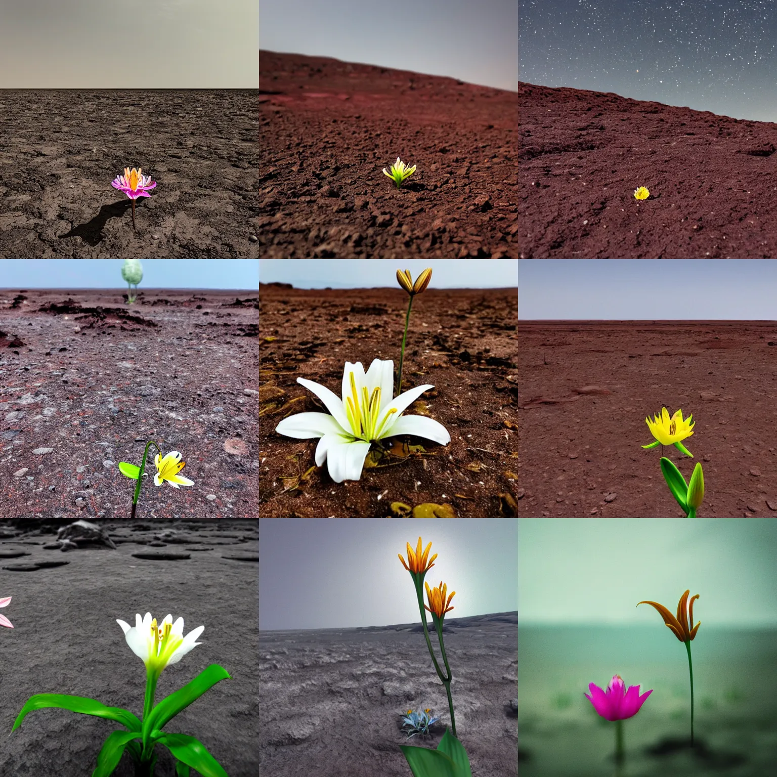 Prompt: a lone lily blooming on a desolated alien planet