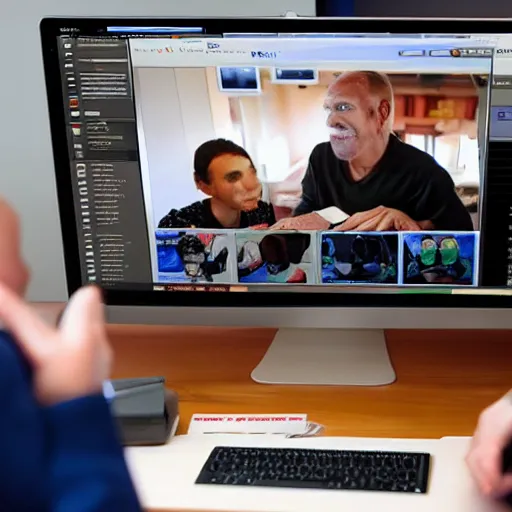 Prompt: a bunch of people around a computer looking at a chat with picture posted