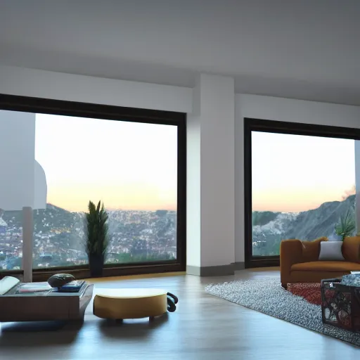 Prompt: an architecture visualisation of a modern living room, wide windows, stunning view, night time, warm light